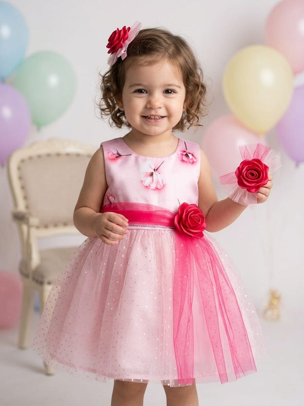 Many Frocks & Satin Sleeveless Flower Embellished Printed Knee Length Baby Party Dress  - Pink
