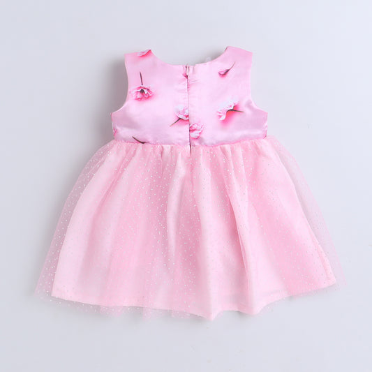 Many Frocks & Satin Sleeveless Flower Embellished Printed Knee Length Baby Party Dress - Pink