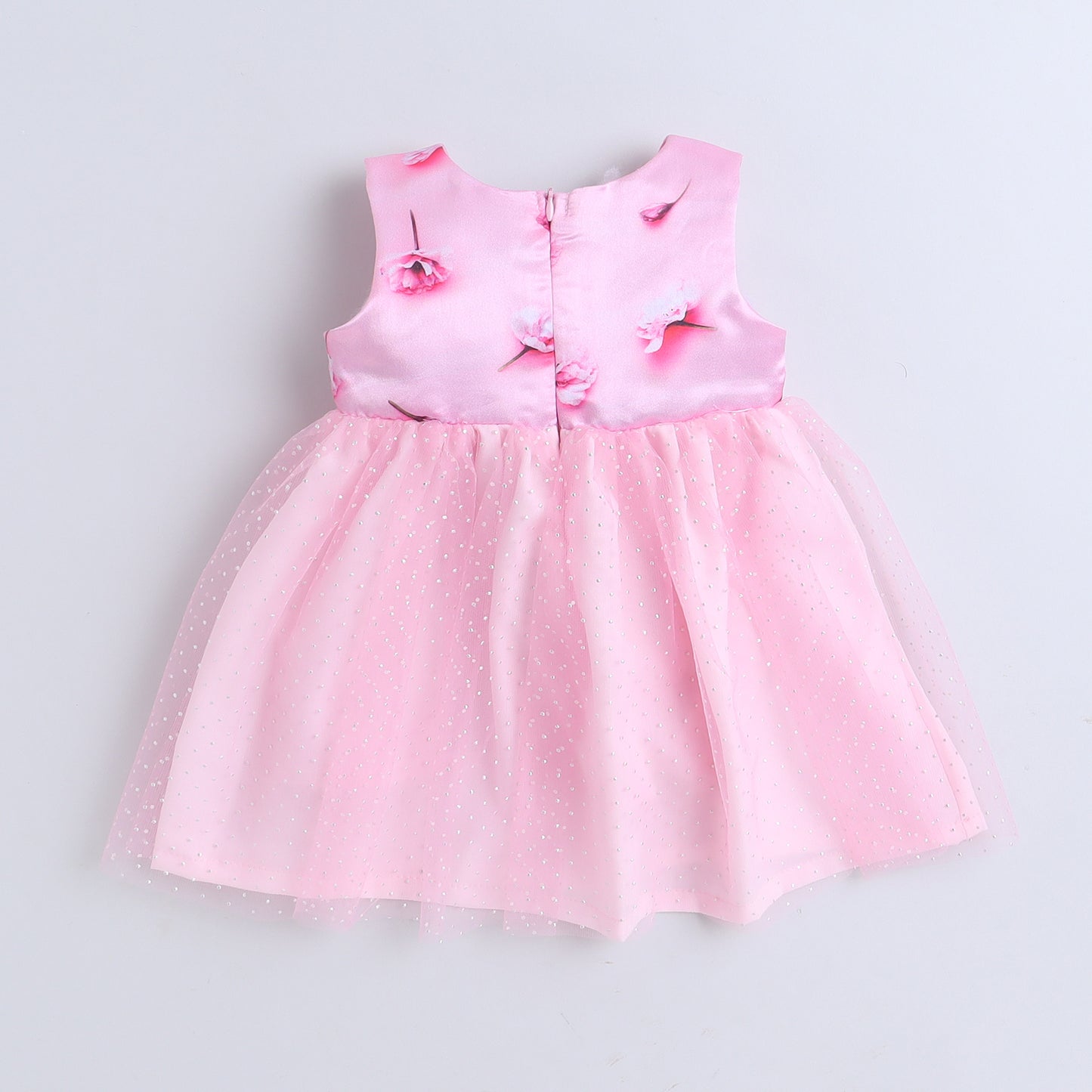 Many Frocks & Satin Sleeveless Flower Embellished Printed Knee Length Baby Party Dress  - Pink