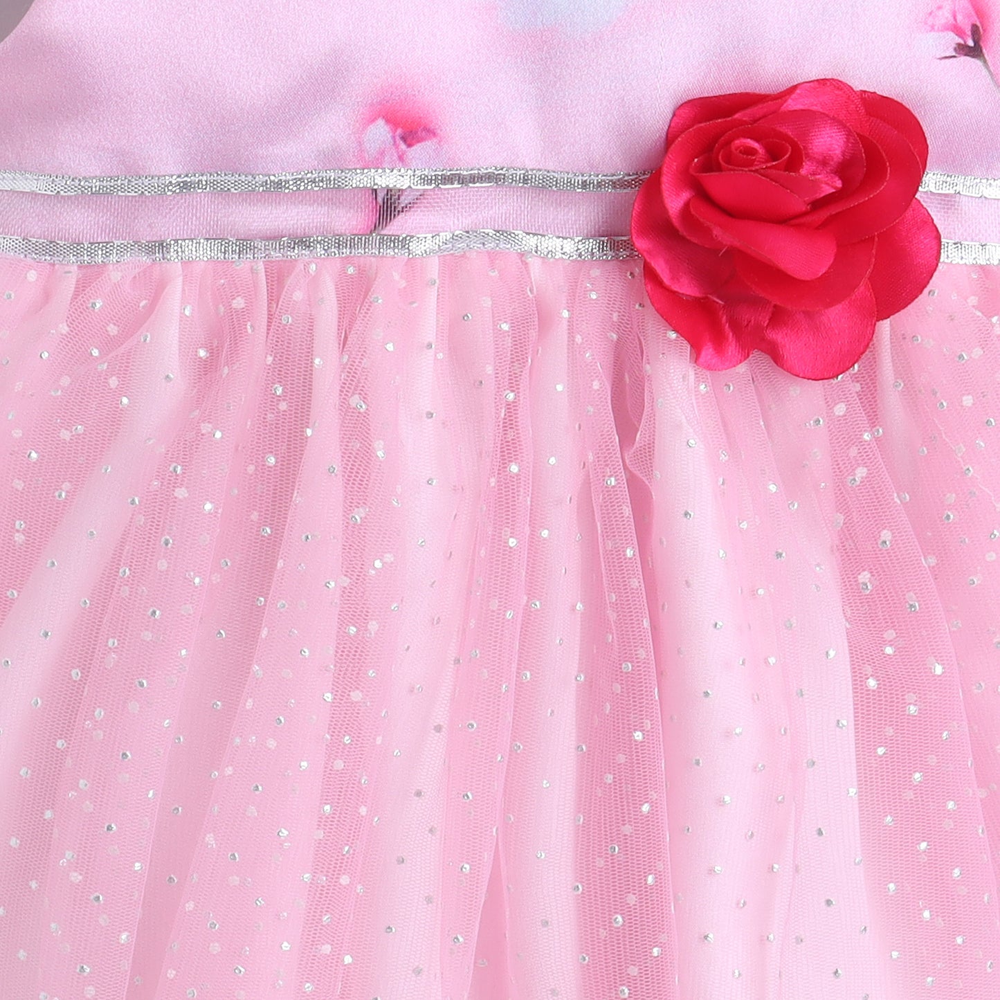 Many Frocks & Satin Sleeveless Flower Embellished Printed Knee Length Baby Party Dress  - Pink