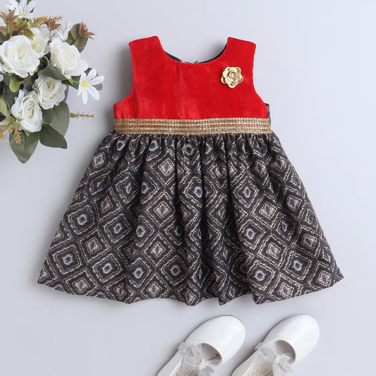 Many Frocks & velvet sleeveless dimond foil printed gold rose embellished ethnic dress-Black & Red