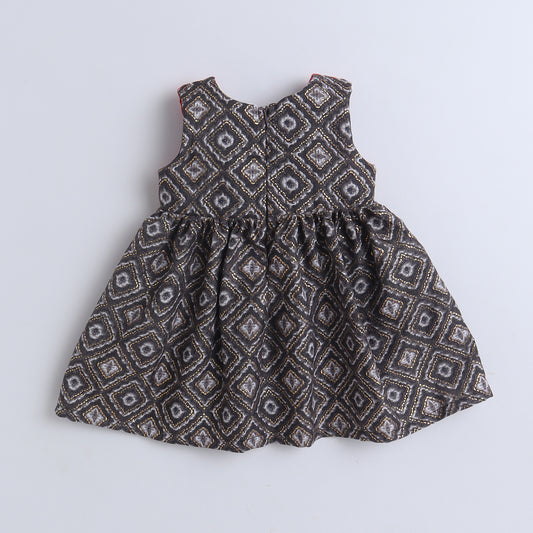 Many Frocks & velvet sleeveless dimond foil printed gold rose embellished ethnic dress-Black & Red