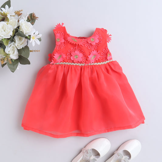 Many Frocks & tissue sleeveless 3d flower body baby party dress-Red