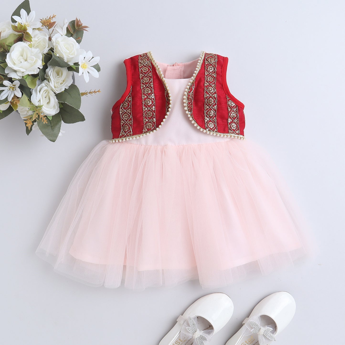 Many Frocks & net sleeveless koti and lace embellished ethnic frock - Pink & Maroon