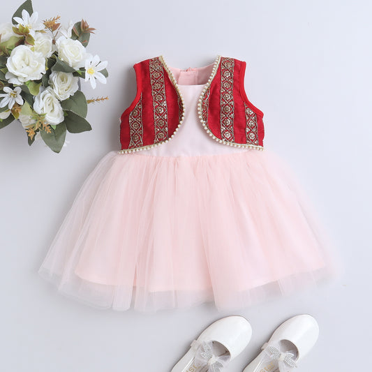 Many Frocks & net sleeveless koti and lace embellished ethnic frock - Pink & Maroon