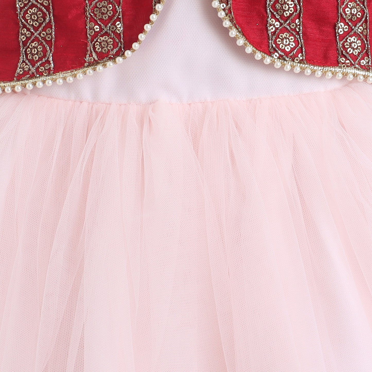 Many Frocks & net sleeveless koti and lace embellished ethnic frock - Pink & Maroon