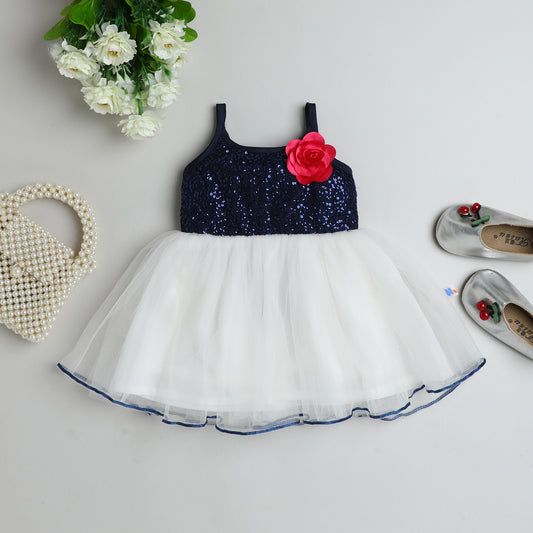 Many Frocks & net sleeveless knee length sequin body with flower embellished baby party dress-Blue & White