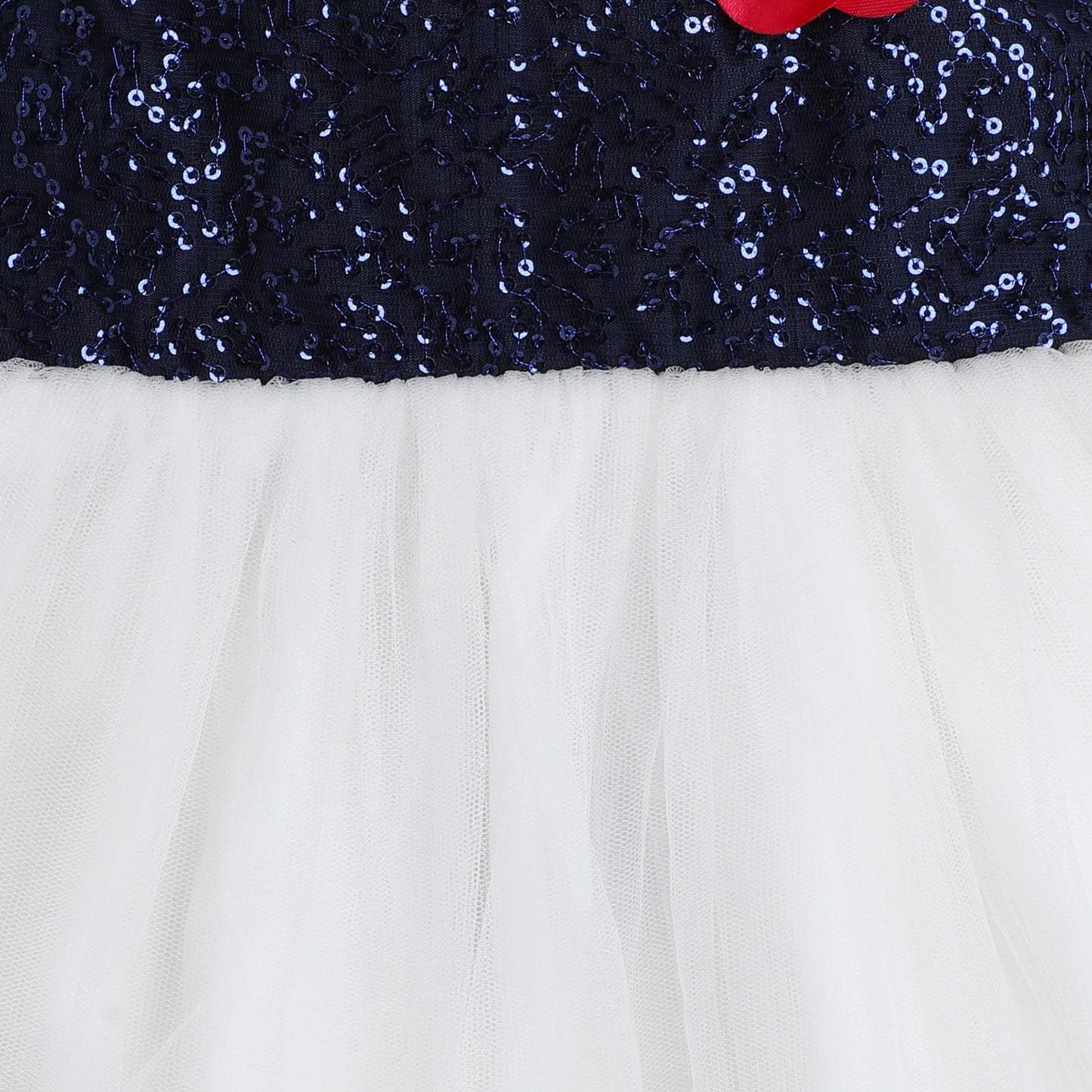 Many Frocks & net sleeveless knee length sequin body with flower embellished baby party dress-Blue & White