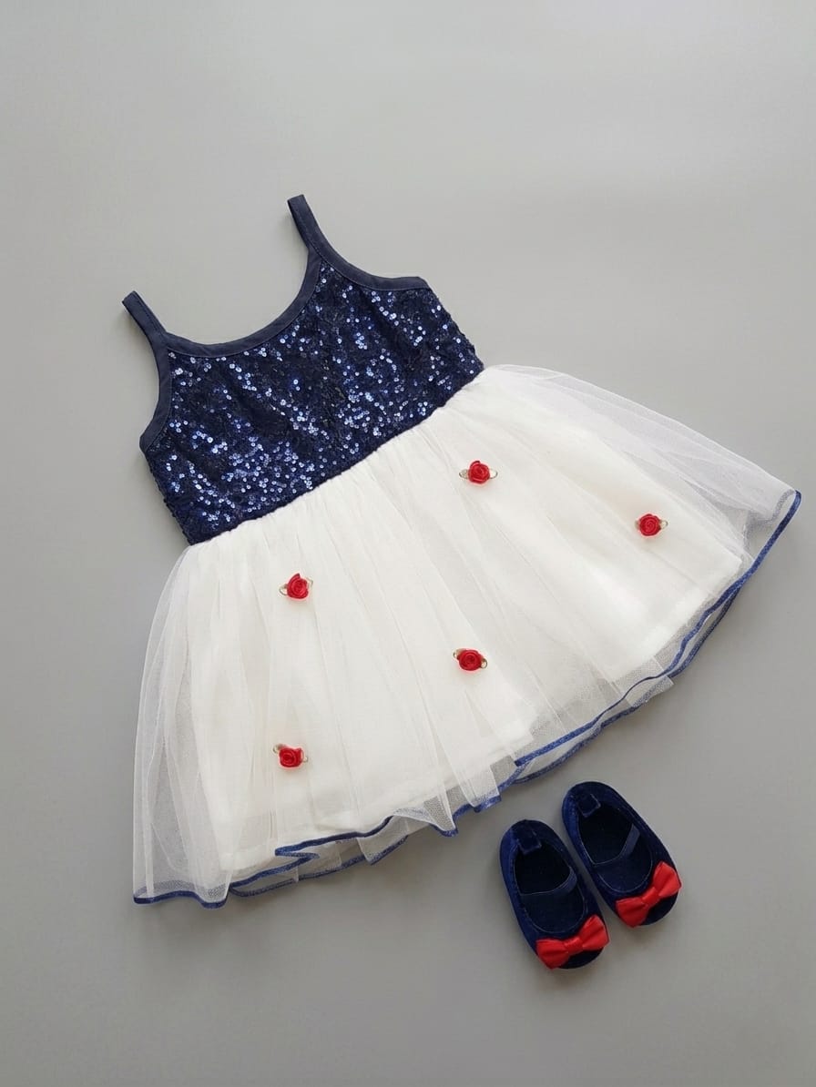 Many Frocks & Sequin & Net Sleeveless Flower Embellished Knee Length Baby Party Dress  - White & Blue