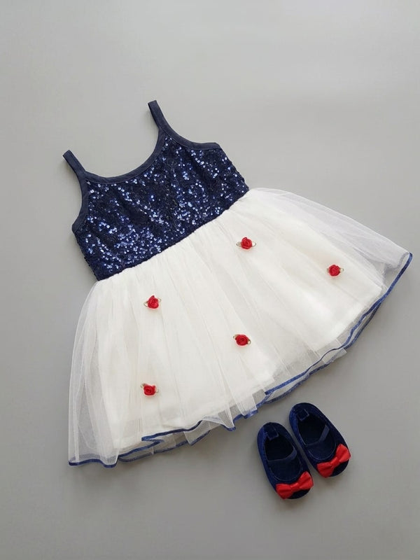 Many Frocks & Sequin & Net Sleeveless Flower Embellished Knee Length Baby Party Dress  - White & Blue