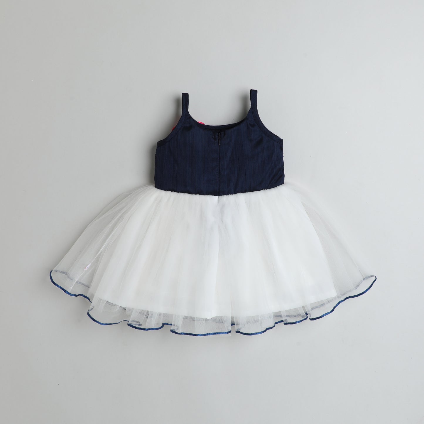 Many Frocks & Sequin & Net Sleeveless Flower Embellished Knee Length Baby Party Dress  - White & Blue