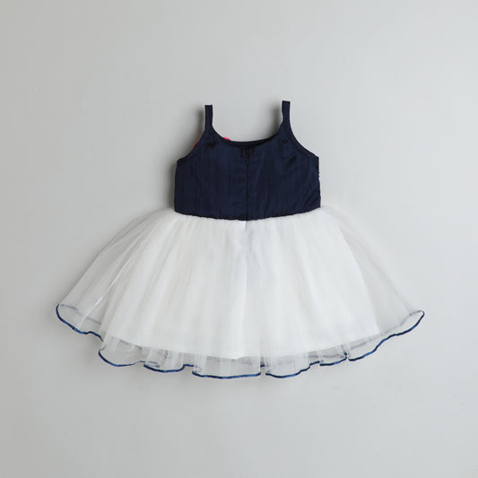 Many Frocks & Sequin & Net Sleeveless Flower Embellished Knee Length Baby Party Dress  - White & Blue