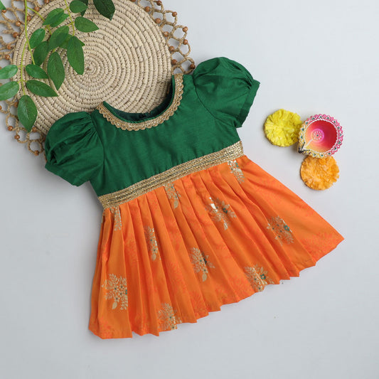 Many Frocks & Brocade  Puff Sleeves Knee Length Lace Embellished Ethnic Frock - Green & Orange