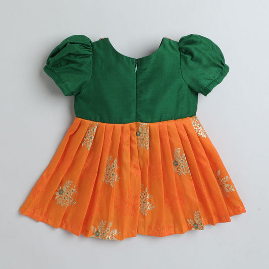 Many Frocks & Brocade  Puff Sleeves Knee Length Lace Embellished Ethnic Frock - Green & Orange