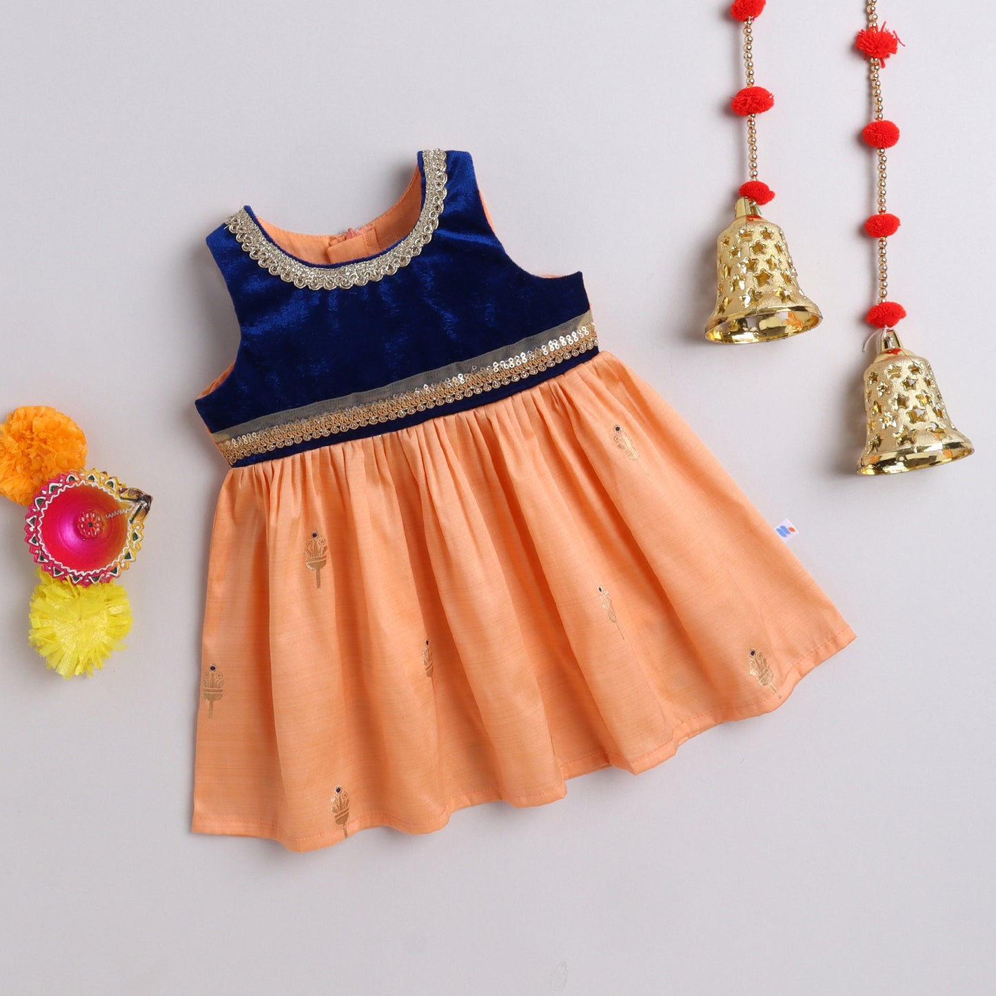 Many Frocks & velvet body sleeveless knee length lace embellished  ethnic dress - Peach & Blue