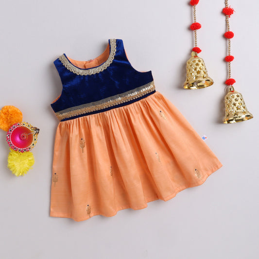 Many Frocks & velvet body sleeveless knee length lace embellished  ethnic dress - Peach & Blue