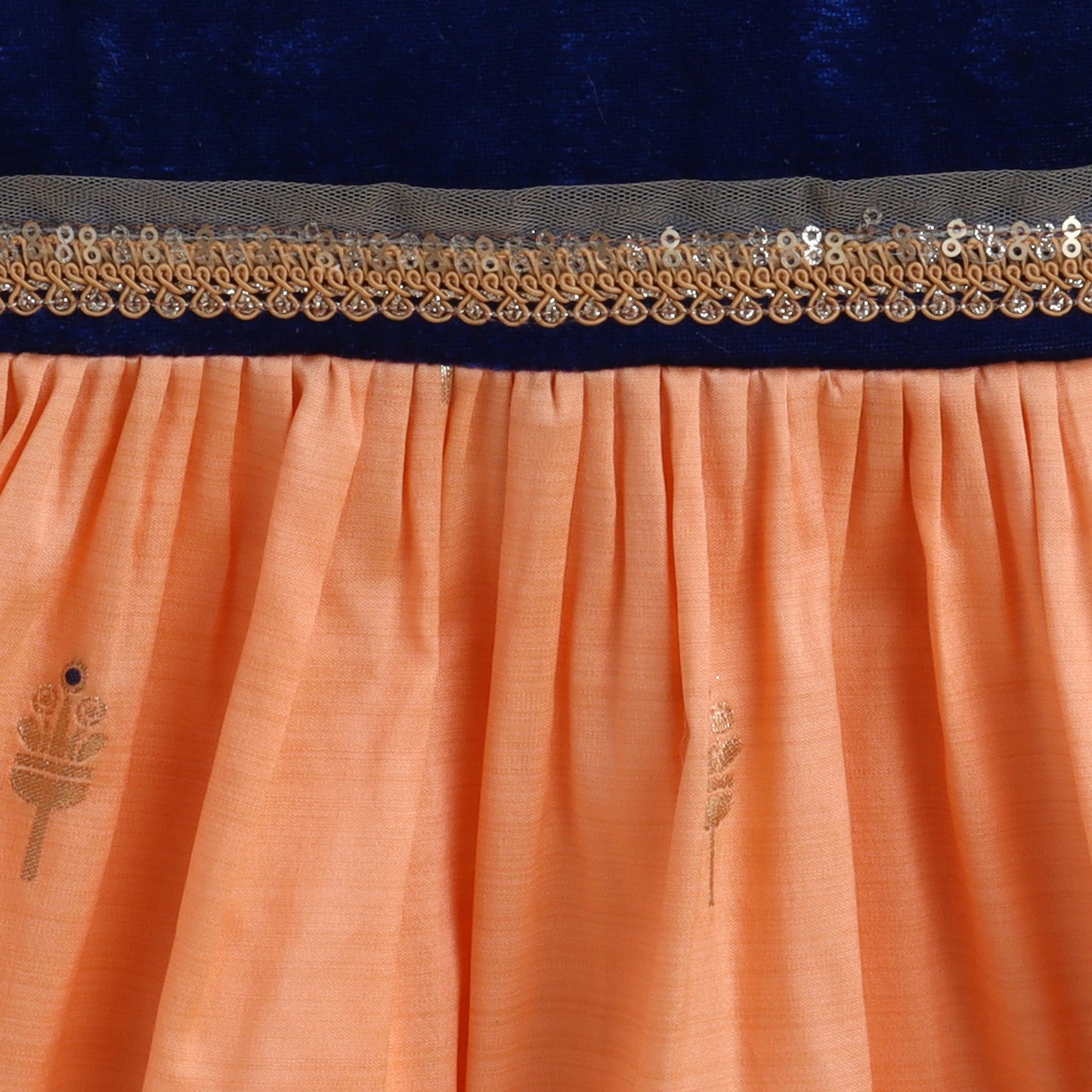 Many Frocks & velvet body sleeveless knee length lace embellished  ethnic dress - Peach & Blue
