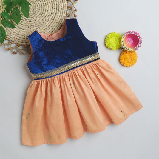 Many Frocks & Sleeveless Knee Length Lace Embellished Baby Ethnic Frock - Blue & Peach