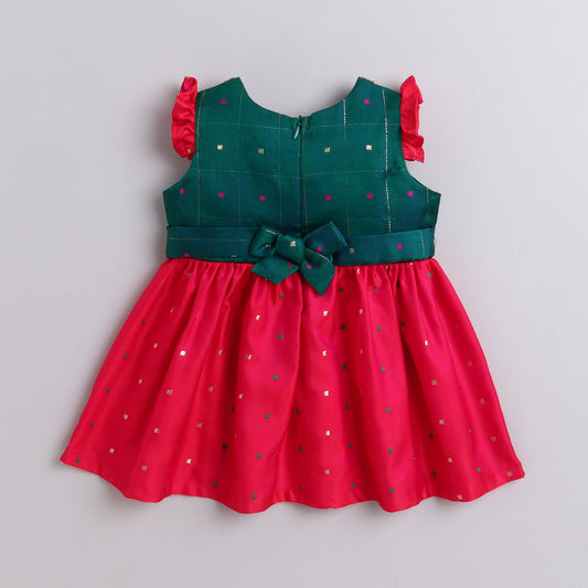 Many Frocks & woven boti & lace embellised flutter sleeves knee length   ethnic dress - Pink & Green
