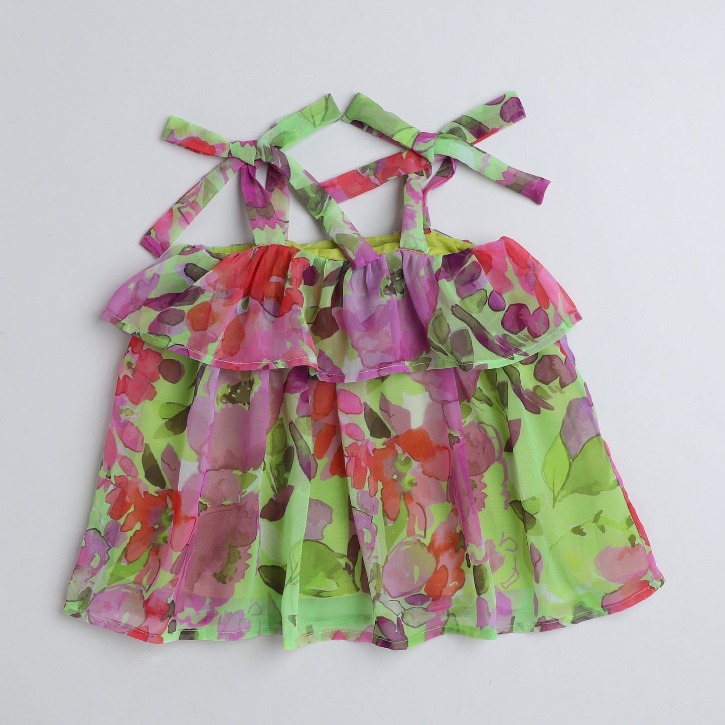 Many Frocks & Gorgette  Sleeveless Tie Up Floral Printed Knee Length Baby Casual Dress-Green