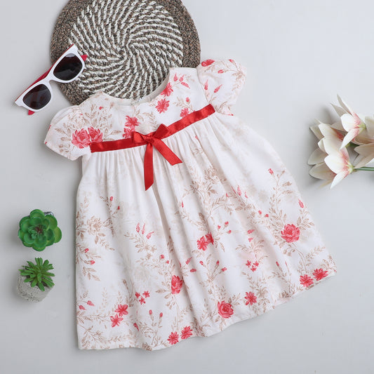 Many Frocks & cotton puff sleeves  knee length floral printed baby casual dress-Off white