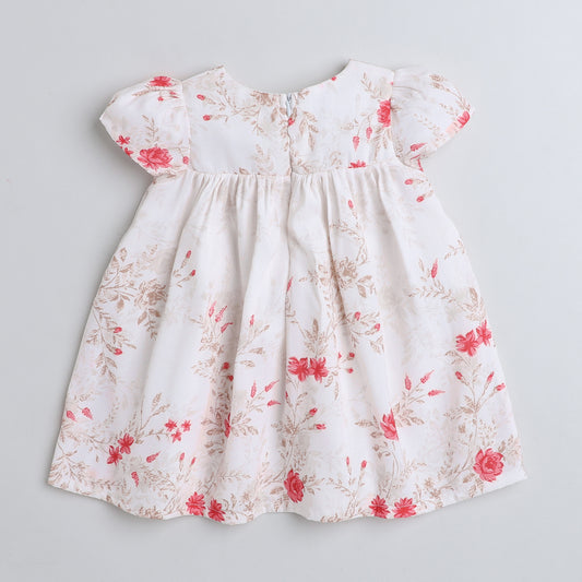 Many Frocks & cotton puff sleeves  knee length floral printed baby casual dress-Off white