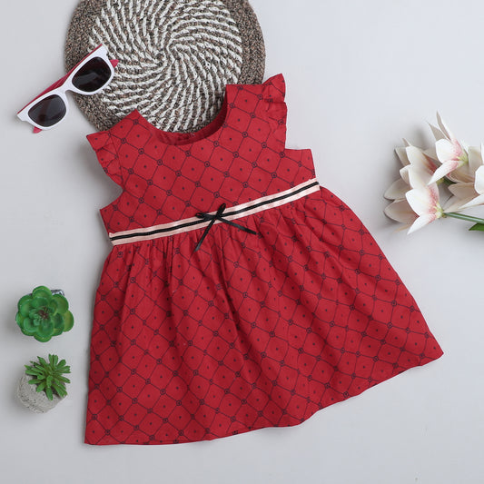 Many Frocks & cotton flutter  sleeves  knee length checks printed baby casual dress-Red