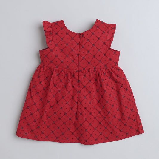 Many Frocks & cotton flutter  sleeves  knee length checks printed baby casual dress-Red