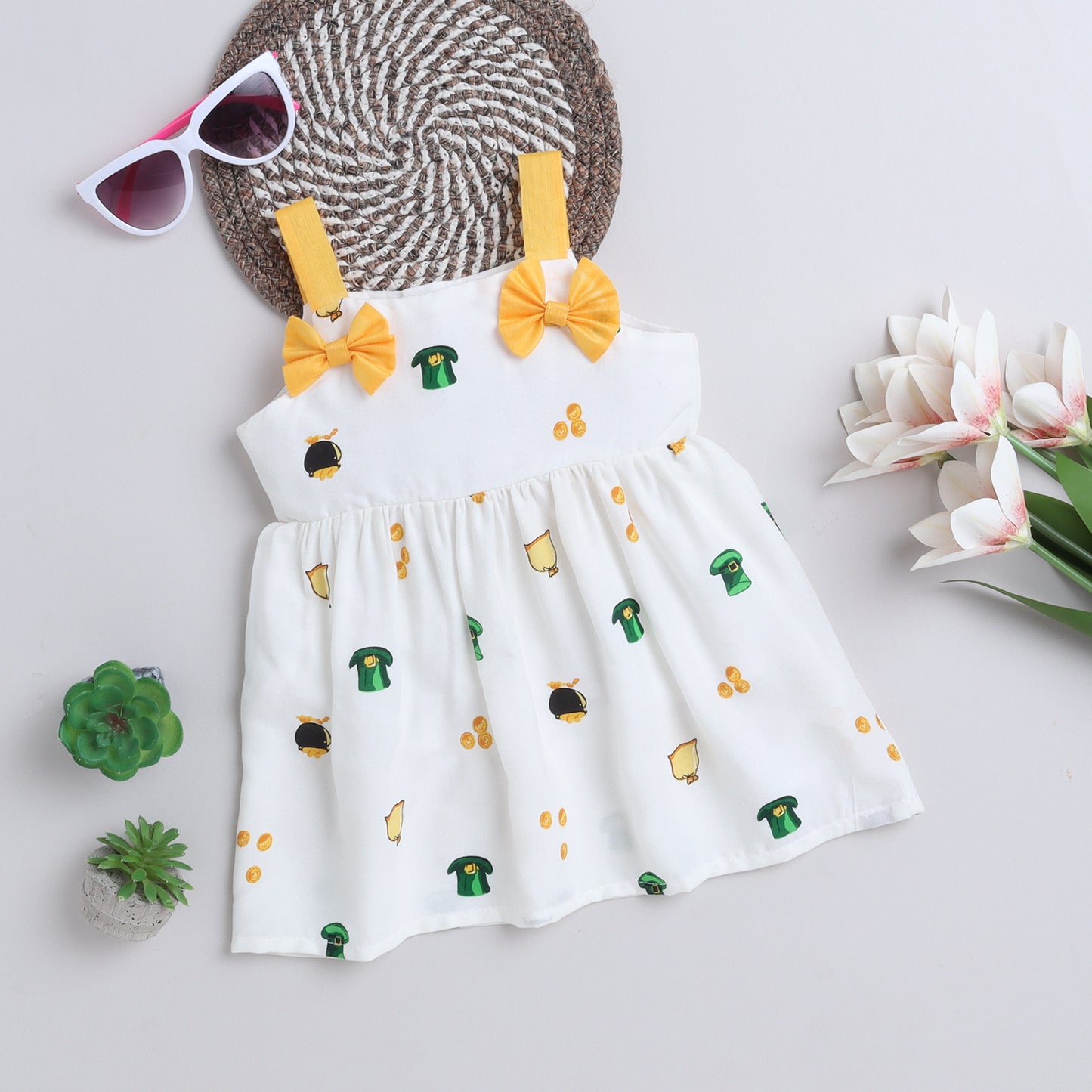 Many Frocks & cotton sleeveless  knee length bow embellished printed baby casual dress-White