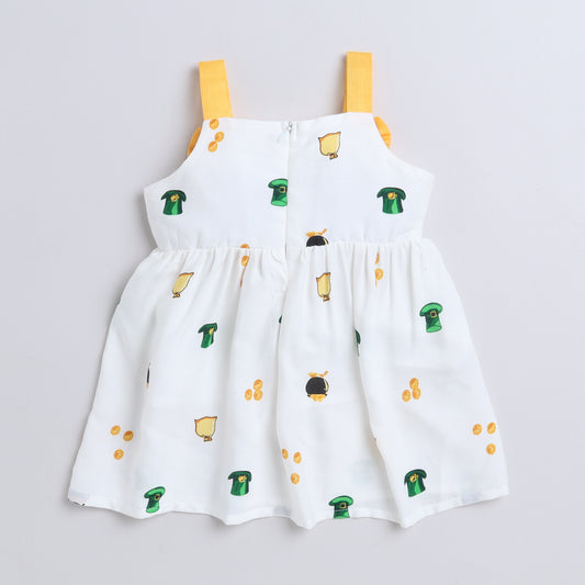 Many Frocks & cotton sleeveless  knee length bow embellished printed baby casual dress-White