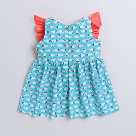 Many Frocks & cotton sleeveless knee length frilled bear printed baby casual dress-Pink & Green