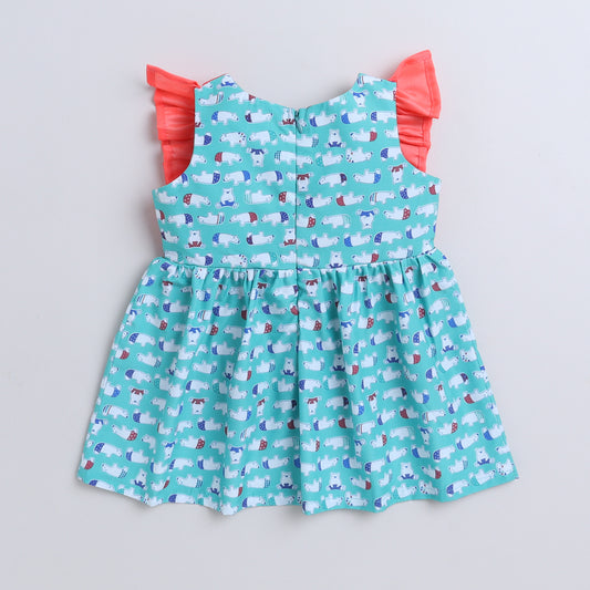 Many Frocks & cotton sleeveless  knee length frilled bear printed baby casual dress-Pink & Green