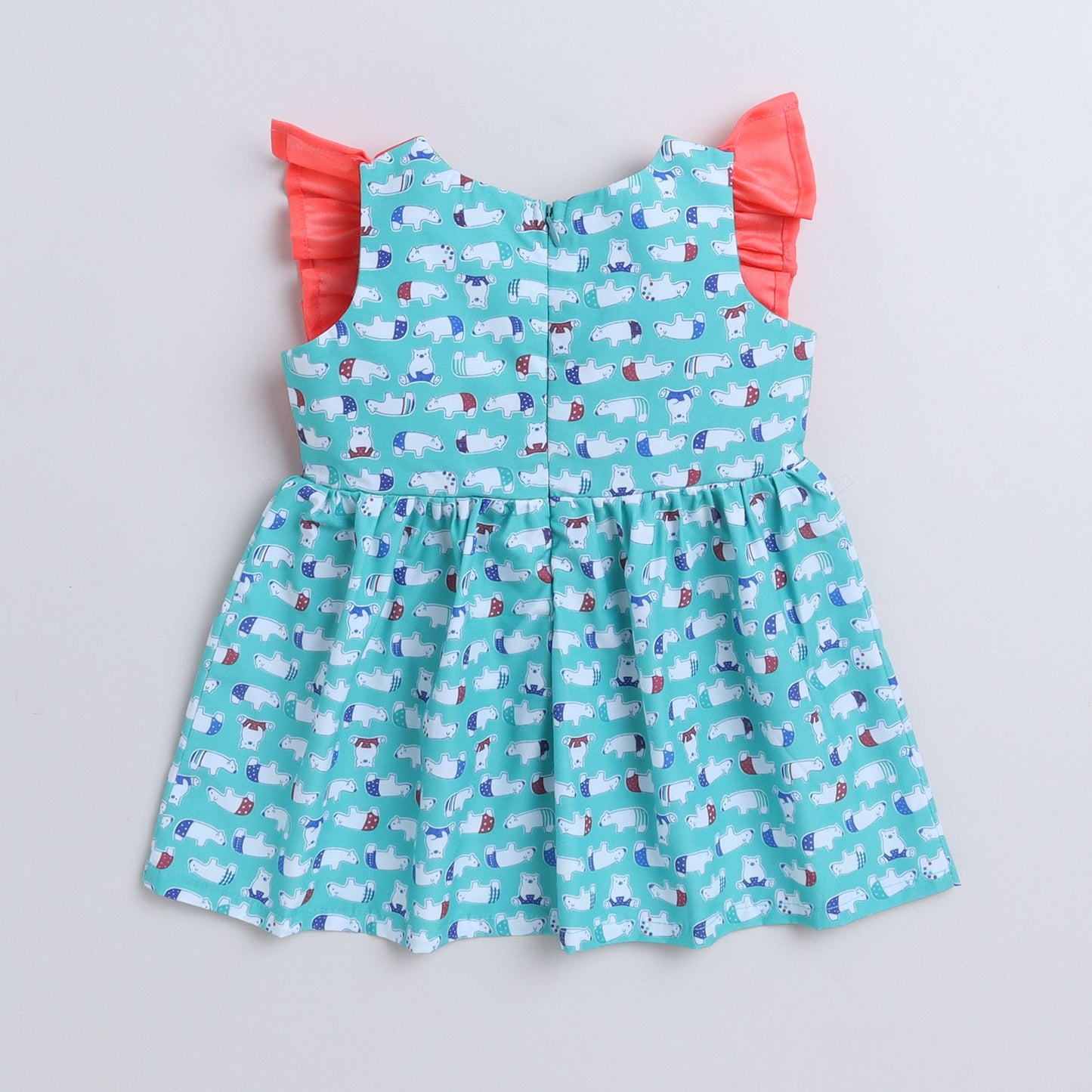 Many Frocks & Cotton Sleeveless Frilled Bear Printed Knee Length Baby Casual Dress-Pink & Green