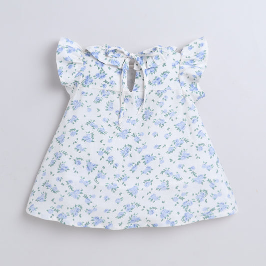 Many Frocks & cotton frill sleeves  knee length floral printed baby casual dress- White &Blue