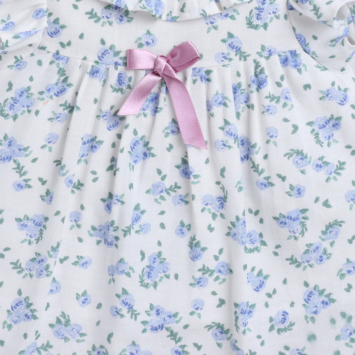 Many Frocks & cotton frill sleeves  knee length floral printed baby casual dress- White &Blue