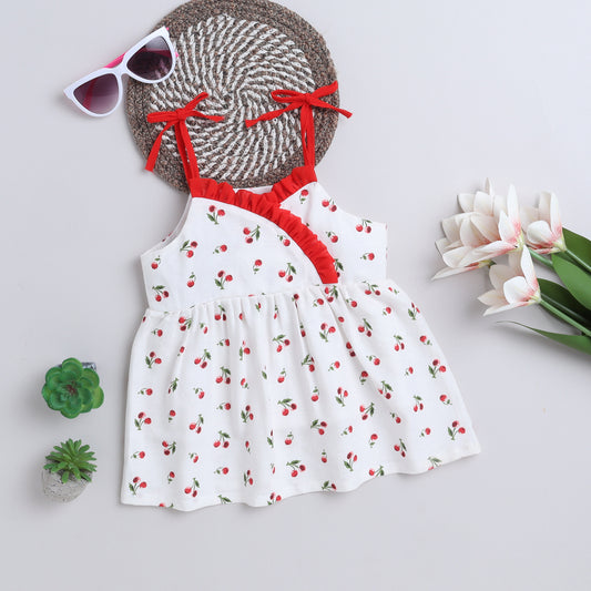 Many Frocks & cotton sleeveless  knee length tie up cherry printed baby casual dress-White