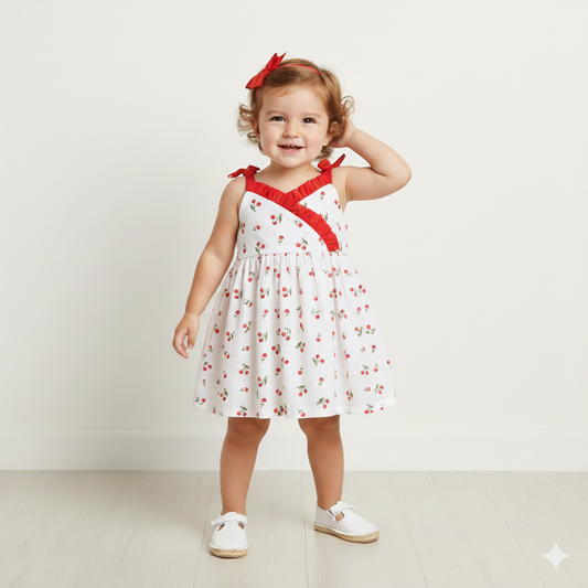Many Frocks & Cotton Sleeveless  Tie Up Cherry Printed Knee Length Baby Casual Dress-White