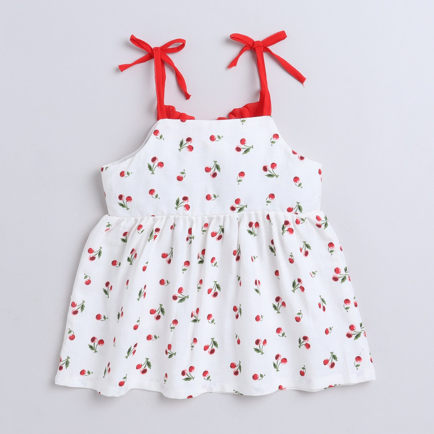 Many Frocks & cotton sleeveless  knee length tie up cherry printed baby casual dress-White