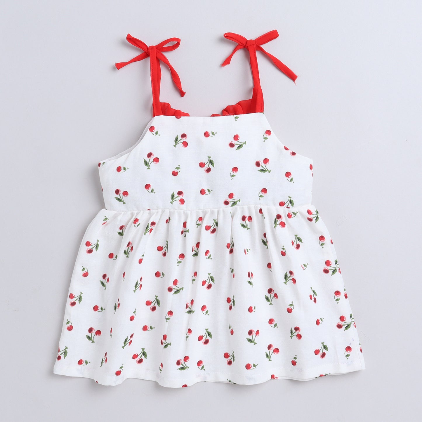 Many Frocks & Cotton Sleeveless  Tie Up Cherry Printed Knee Length Baby Casual Dress-White