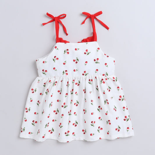 Many Frocks & Cotton Sleeveless  Tie Up Cherry Printed Knee Length Baby Casual Dress-White