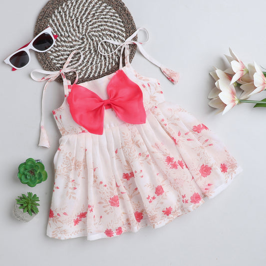 Many Frocks & cotton sleeveless knee length floral prints strappy baby casual dress - Off White