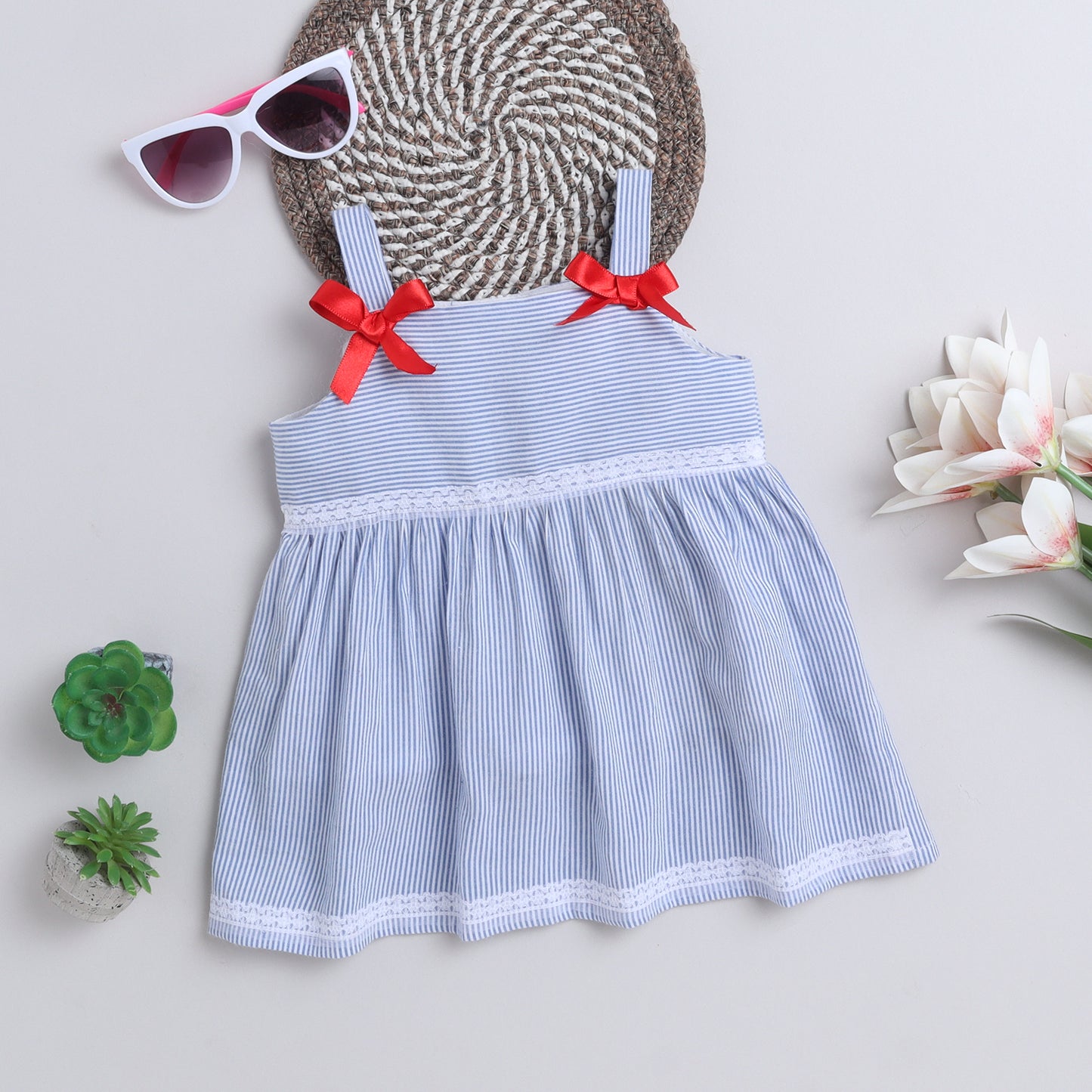 Many Frocks & cotton sleeveless knee length Stripe print strappy baby casual dress - Blue