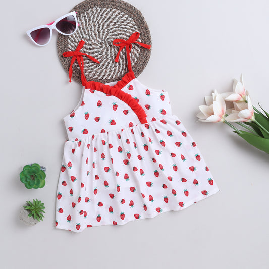 Many Frocks & gorgette sleeveless pleated neckline  knee length tie up strawberry  printed baby casual dress-White