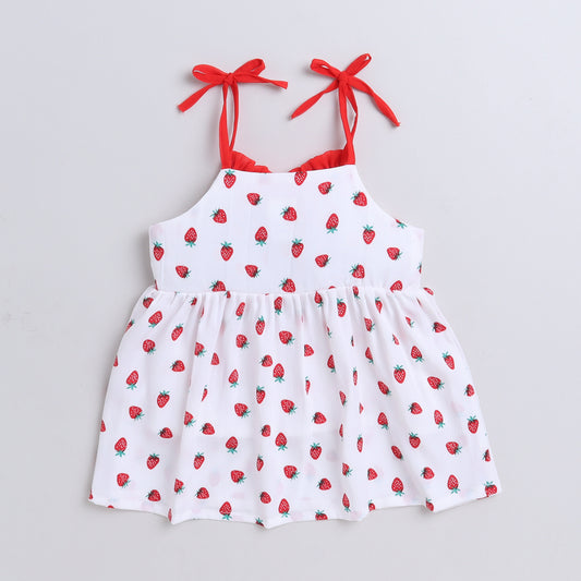 Many Frocks & gorgette sleeveless pleated neckline  knee length tie up strawberry  printed baby casual dress-White