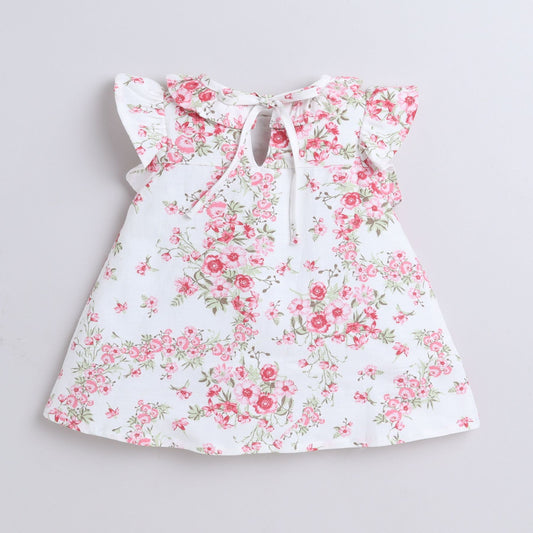 Many Frocks & cotton frill sleeves  knee length floral printed baby casual dress- White &Pink