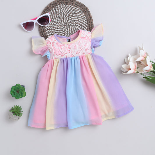 Many Frocks & gorgette flutter sleeve cut work embellished knee length girls  party dress - Multicolour