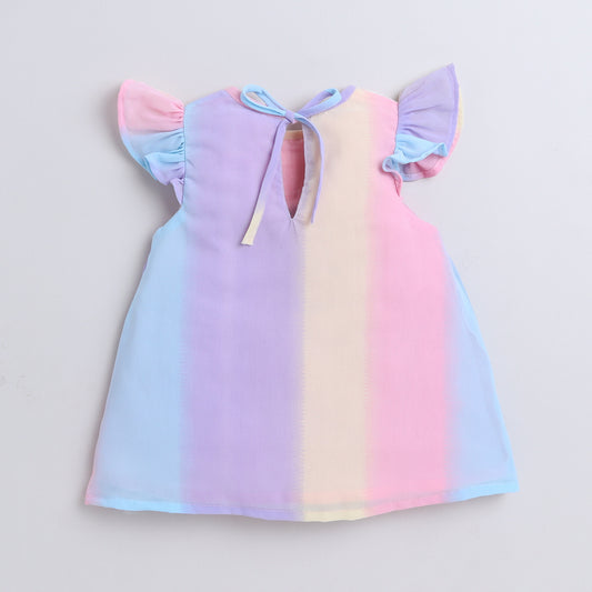 Many Frocks & gorgette flutter sleeve cut work embellished knee length girls party dress - Multicolour