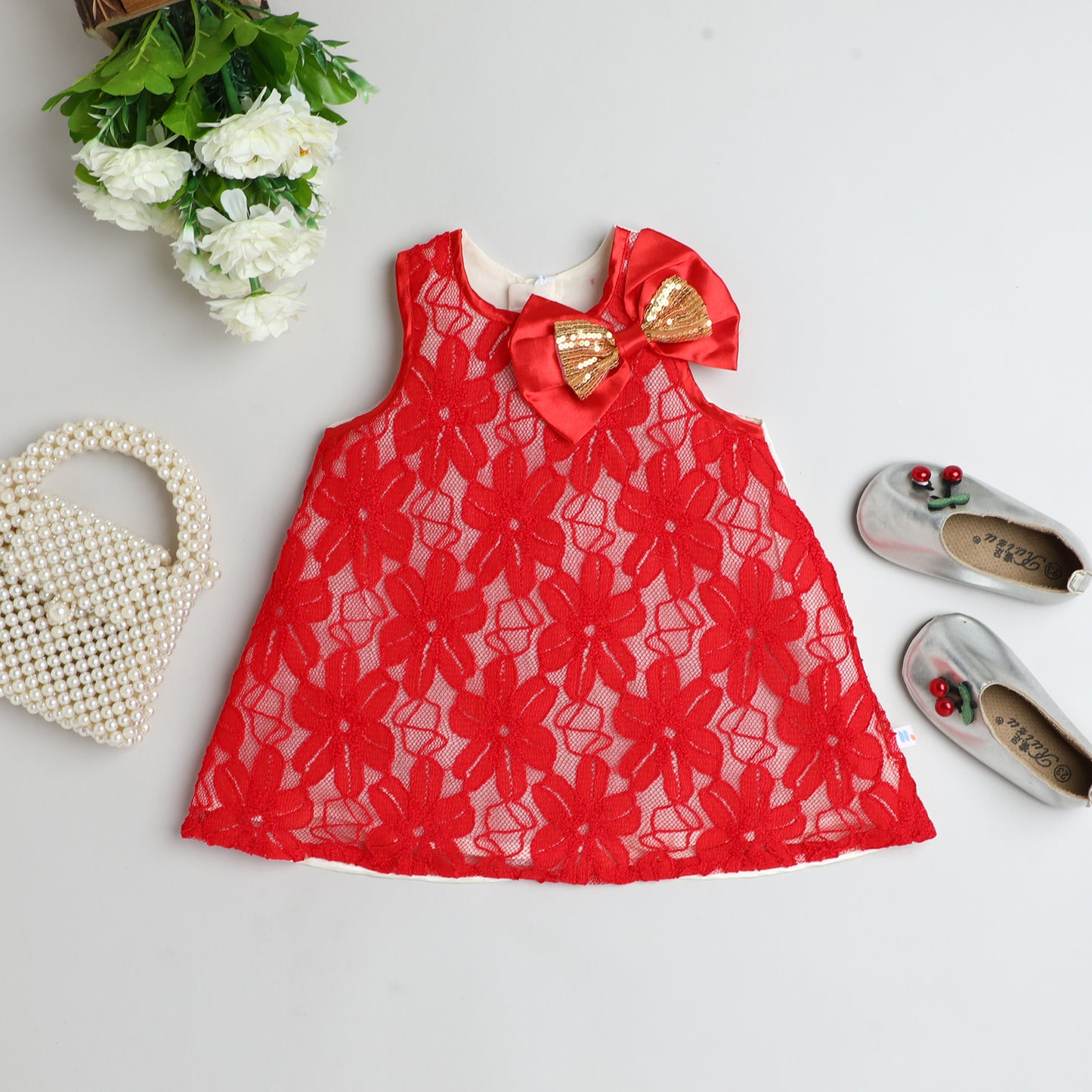 Many Frocks& net sleeveless knee length sequin bow embellished baby party dress- Red