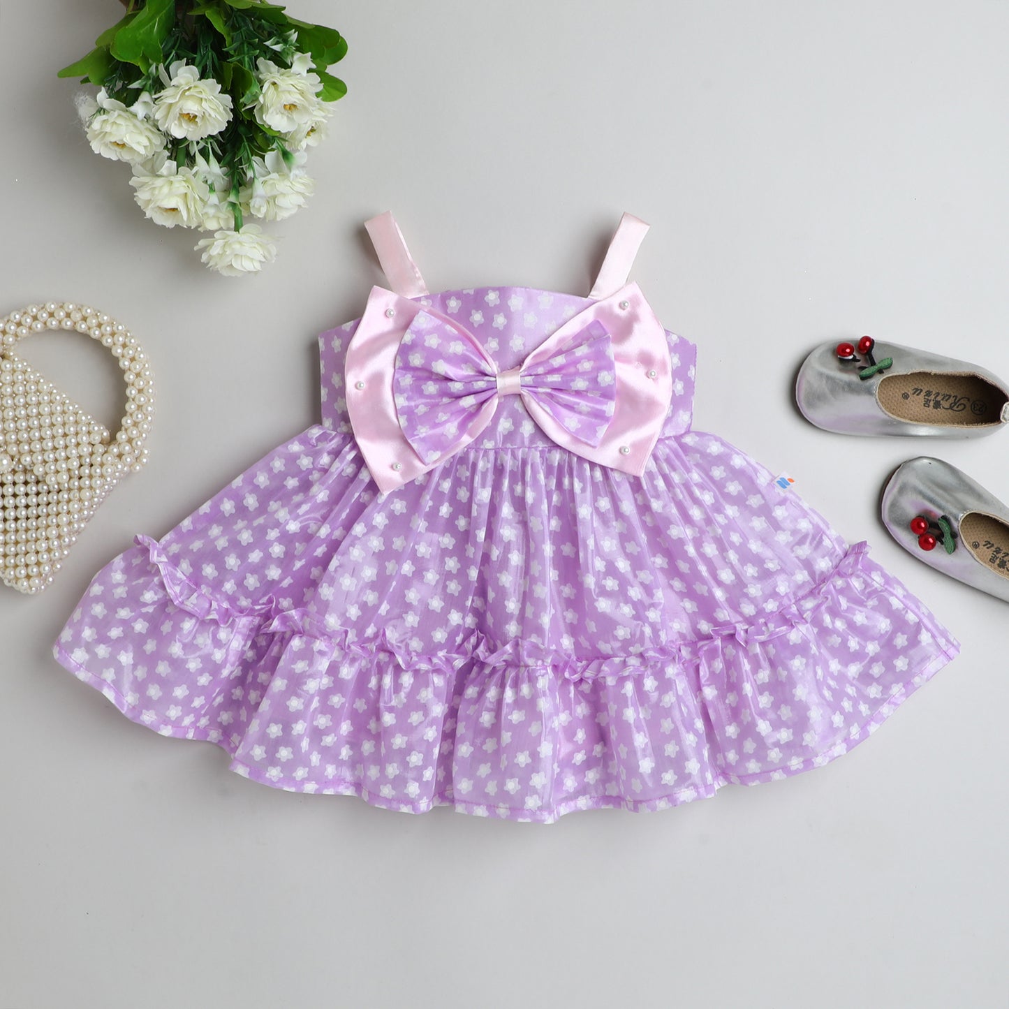 Many Frocks & tissue sleeveless double bow and bead embellished knee length floral printed girls party dress - Purple