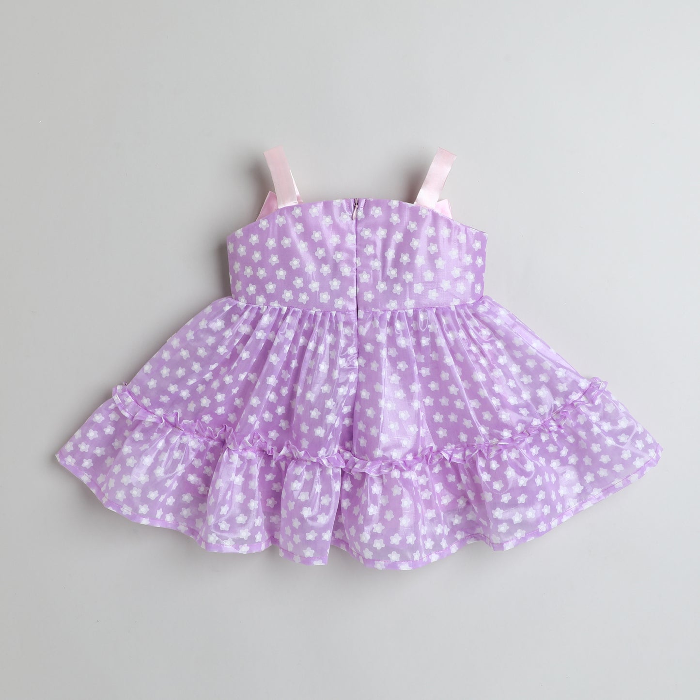 Many Frocks & tissue sleeveless double bow and bead embellished knee length floral printed girls party dress - Purple